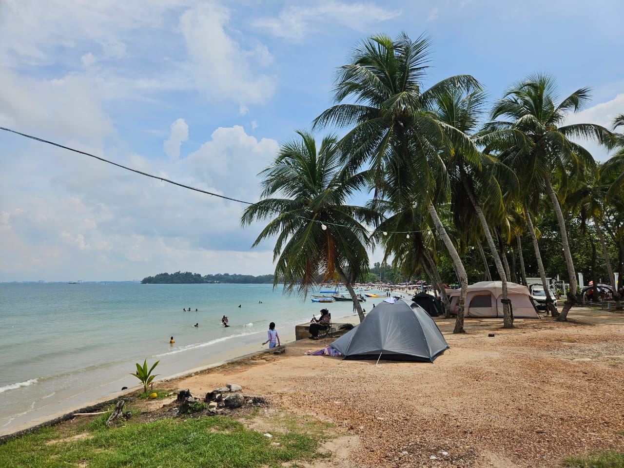 RIDC tent camping setup among palm trees on a tropical beach.