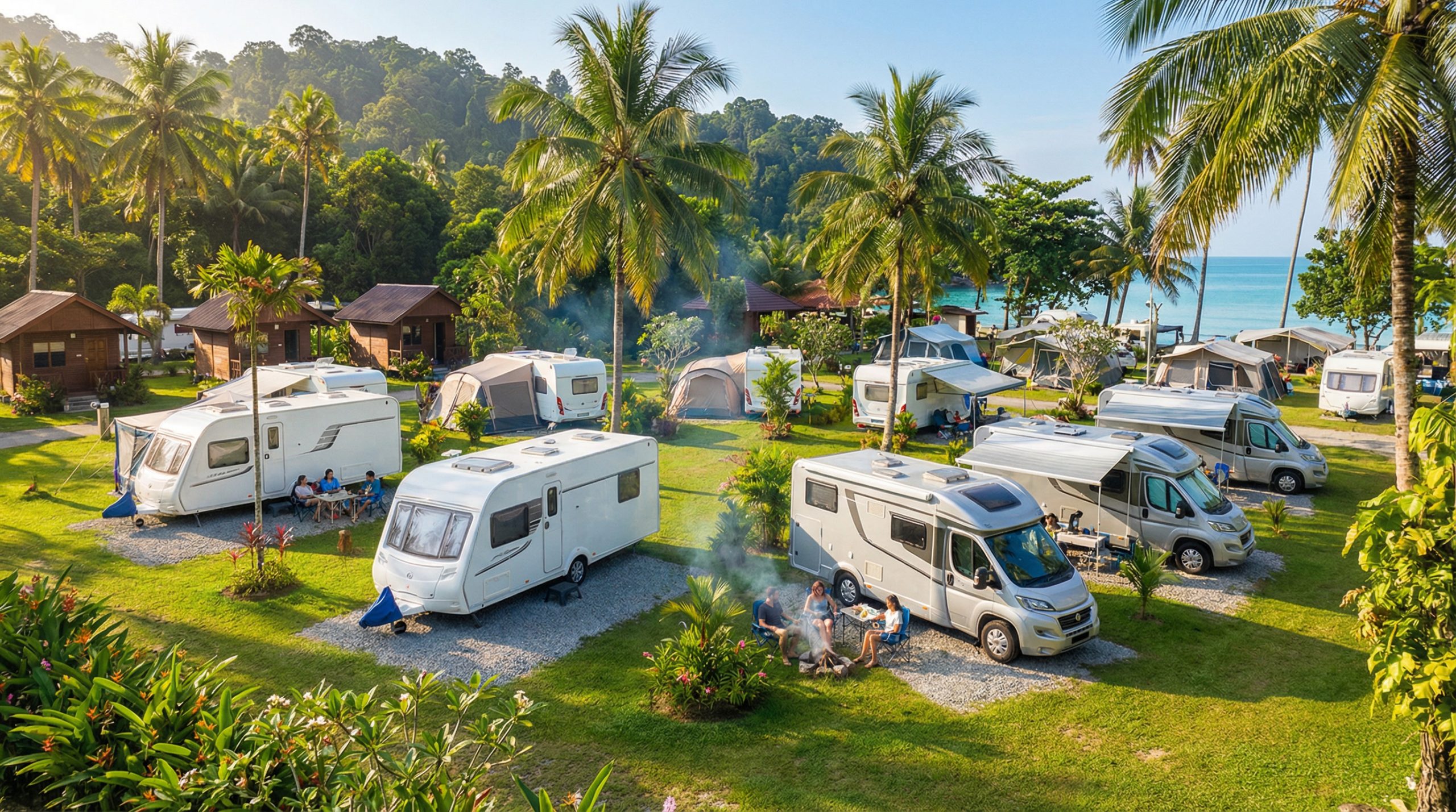 Tropical RIDC camping experience with tents under palm trees.